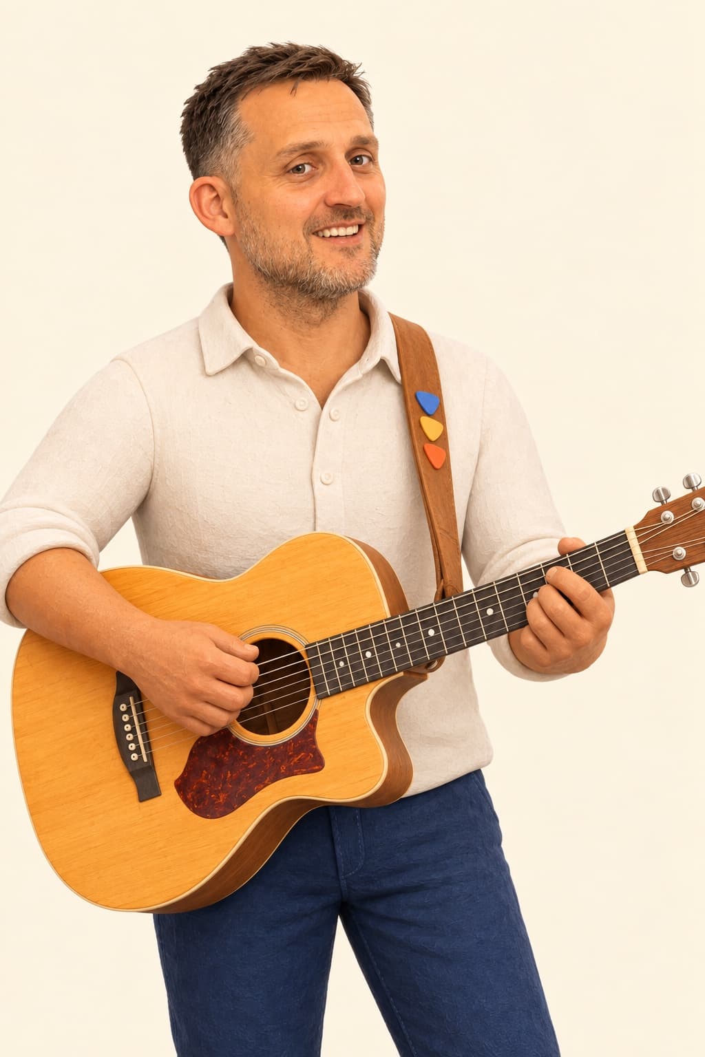 Illustrated portrait of Allan Skea holding an acoustic guitar.