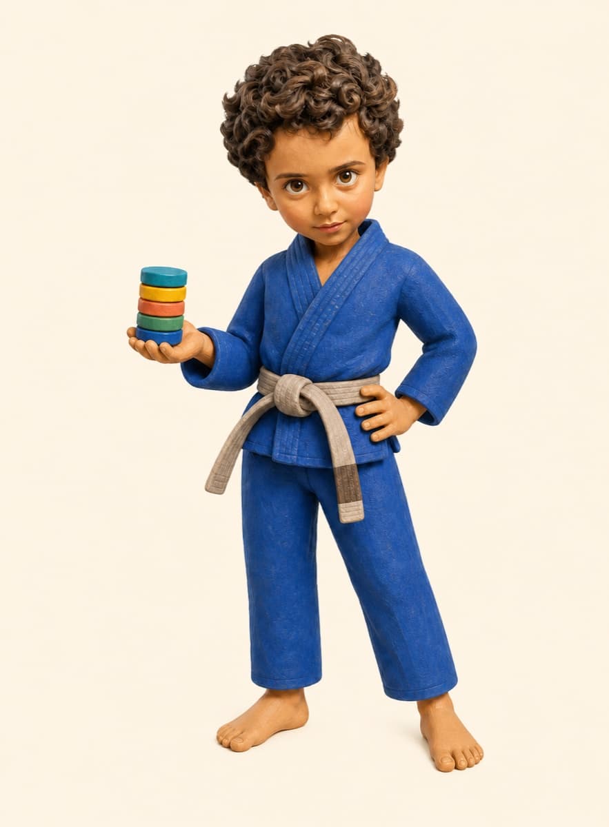 Illustrated portrait of Jett in a blue jiu-jitsu gi holding maths counters
