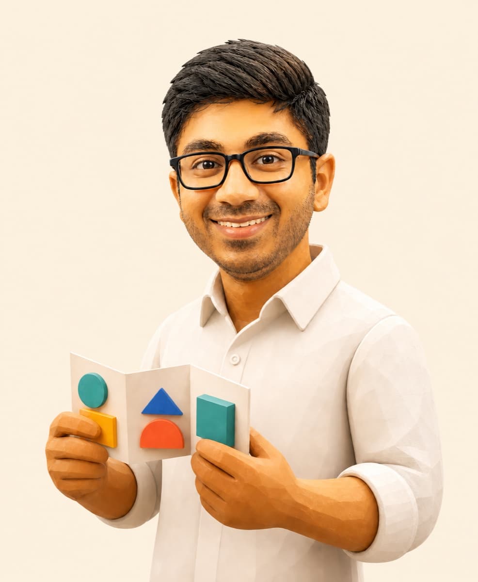 Illustrated portrait of Rish holding a colourful paper model