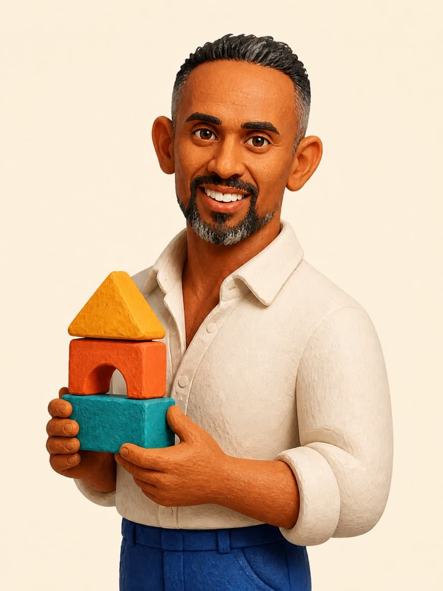 Illustrated portrait of Tanuja holding colourful building blocks